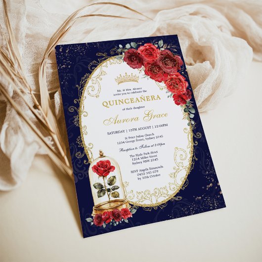 Invitation Navy Gold Quinceañera Enchanted Red Roses Party