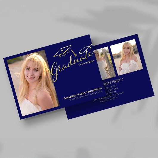 Invitation Navy Gold Script Multi Photo Graduation Party Invi