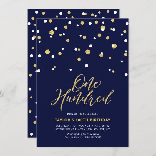 Invitation Navy & Gold Simple Cent 100e fête d'anniversaire (Devant / Derrière)