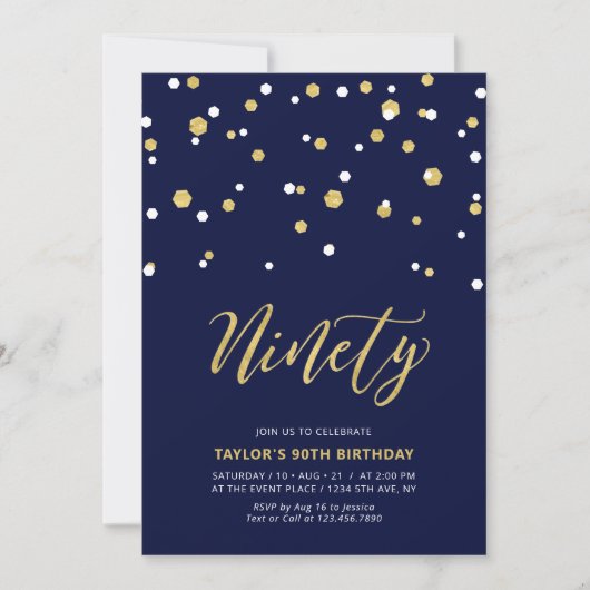Invitation Navy & Gold Simple Quatre-vingt-dix 90e fête d'ann (Devant)
