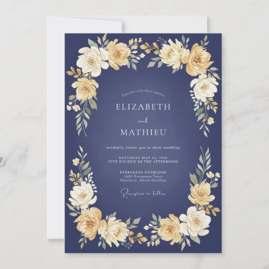Invitation Navy Golden Bloom Wedding (Devant)