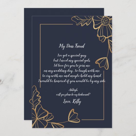 Invitation Navy & golden floral sera ma servante (Devant / Derrière)