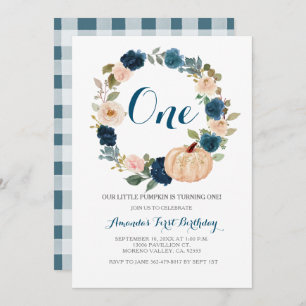 Invitation  Navy Green Fall White Citrouille 1er anniversaire