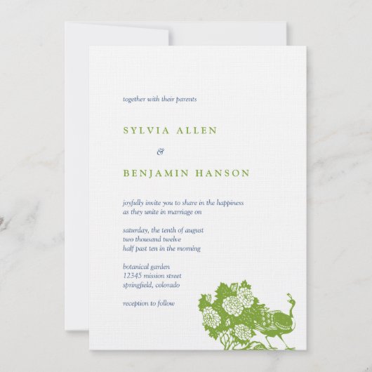 Invitation Navy green peacock garden chic wedding Invite (Devant)