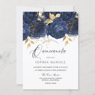 Invitation Navy Indigo Blue & Gold Floral Quinceanera Party