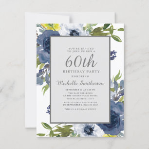 Invitation Navy Jaune Blanc Floral Feuilles 60e Anniversaire