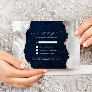 Invitation Navy Marble, Blanc & Agate Or RSVP de mariage