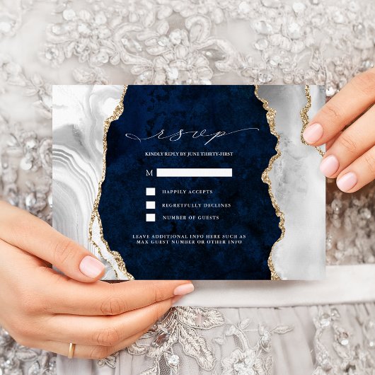 Invitation Navy Marble, Blanc & Agate Or RSVP de mariage
