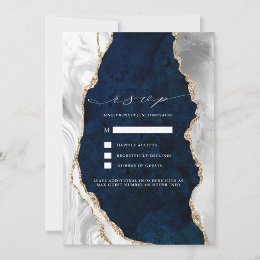 Invitation Navy Marble, Blanc & Agate Orfèvre Réponse de Mari (Devant)