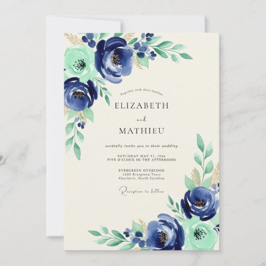 Invitation Navy Mint Botanical Bliss Wedding (Devant)