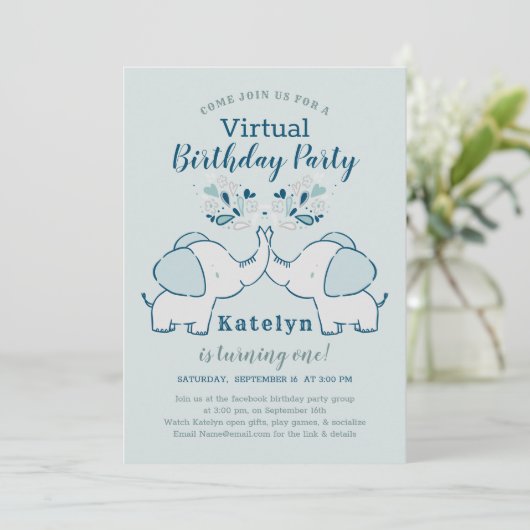 Invitation Navy & Mint Cute Elephant Virtual Birthday Party (Debout devant)