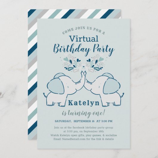 Invitation Navy & Mint Cute Elephant Virtual Birthday Party (Devant / Derrière)