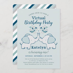 Invitation Navy & Mint Cute Elephant Virtual Birthday Party