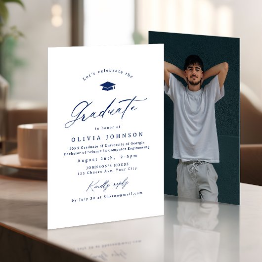 Invitation Navy Modern Calligraphy Simple Photo Graduation