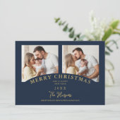 Invitation Navy Modern Luxury Chic Christmas 2 Photos Family (Debout devant)