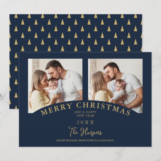 Invitation Navy Modern Luxury Chic Christmas 2 Photos Family (Devant / Derrière)
