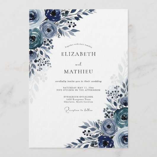 Invitation Navy Moody Bloom Wedding (Devant)