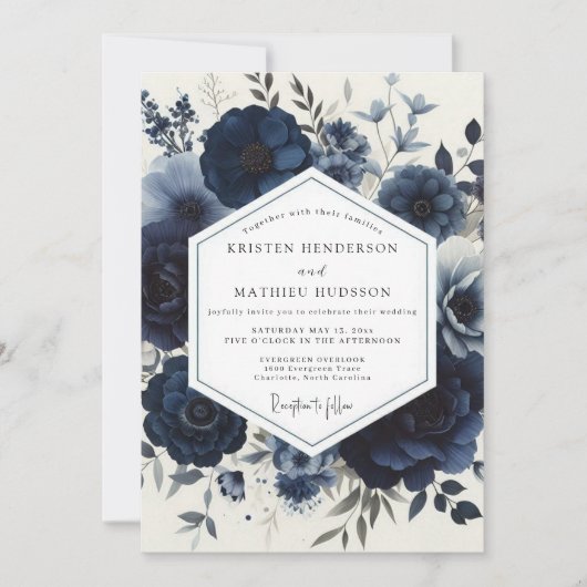 Invitation Navy Moody Floral Wedding (Devant)