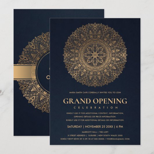 INVITATION NAVY OR CLASSIQUE ORNÉ MANDALA GRANDE OUVERTE (Devant / Derrière)