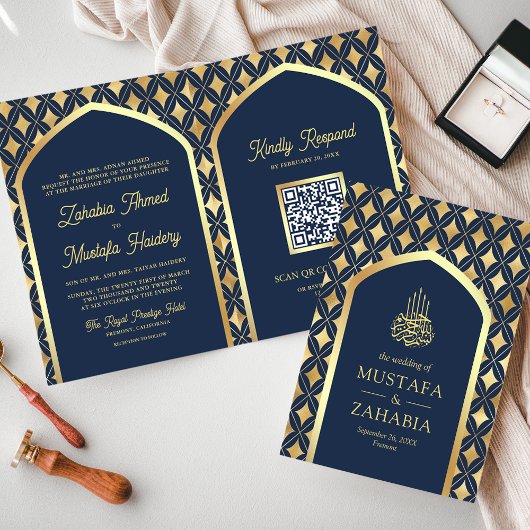 Invitation Navy Or Diamants Arche Code QR Mariage Musulman