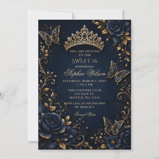 Invitation Navy Or Fleur Papillon Douce 16 (Devant)