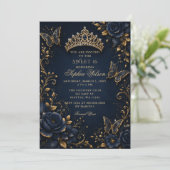 Invitation Navy Or Fleur Papillon Douce 16 (Debout devant)