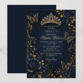 Invitation Navy Or Fleur Papillon Douce 16 (Devant / Derrière)