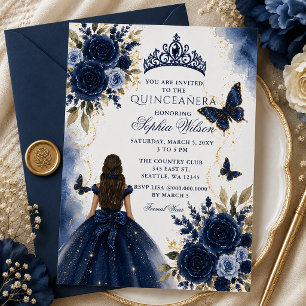 Invitation Navy Or Fleur Papillon Princesse Quinceañera