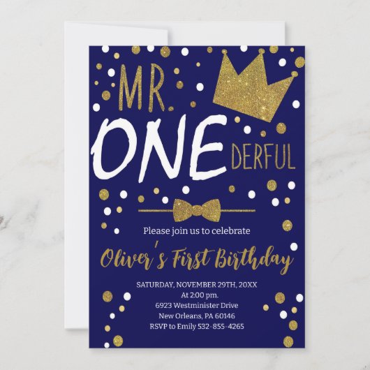 Invitation Navy & Or, M.Onederful Anniversaire, Points Polka (Devant)