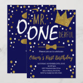 Invitation Navy & Or, M.Onederful Anniversaire, Points Polka (Devant / Derrière)