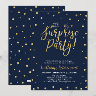 Invitation Navy & Or Moderne Fête de Retraite Surprise