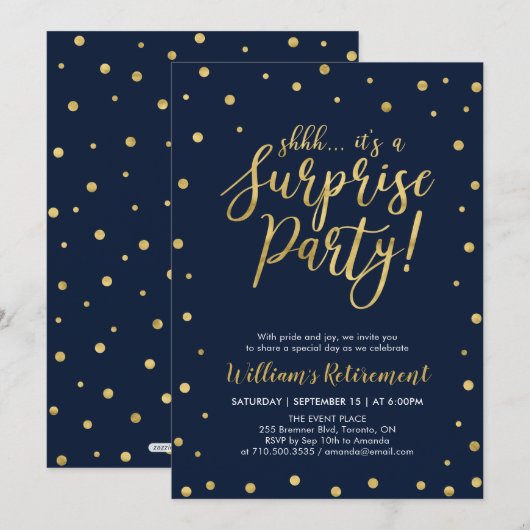 Invitation Navy & Or | Moderne Fête de Retraite Surprise (Devant / Derrière)