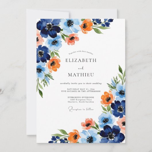 Invitation Navy Orange Painterly Bloom Wedding (Devant)