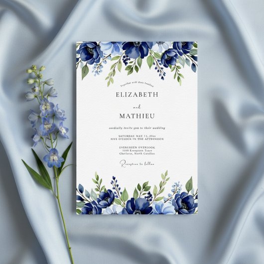 Invitation Navy Painterly Blossom Wedding