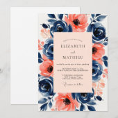 Invitation Navy Peach Vivid Summer Wedding (Devant / Derrière)