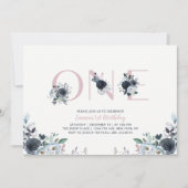 Invitation Navy & Pink Boho Floral Girl 1er Anniversaire (Devant)