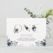 Invitation Navy & Pink Boho Floral Girl 1er Anniversaire (Debout devant)