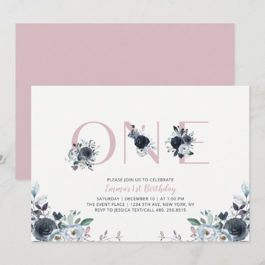 Invitation Navy & Pink Boho Floral Girl 1er Anniversaire (Devant / Derrière)