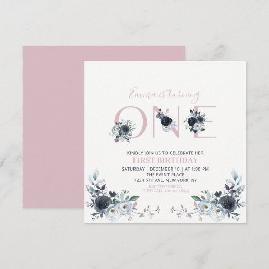 Invitation Navy & Pink Boho Floral Girl 1er anniversaire Carr (Devant / Derrière)