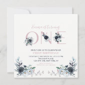 Invitation Navy & Pink Boho Floral Girl 1er anniversaire Carr (Devant)