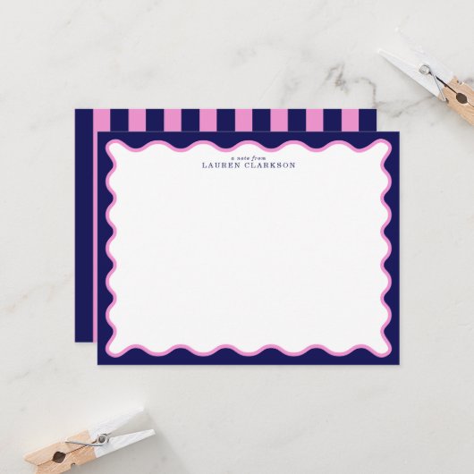 Invitation Navy Pink Striped Wavy Frame Note Card (Devant/Arrière en situation)