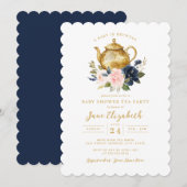 Invitation Navy Pink Tea Party Un bébé brasse du Baby shower (Devant / Derrière)