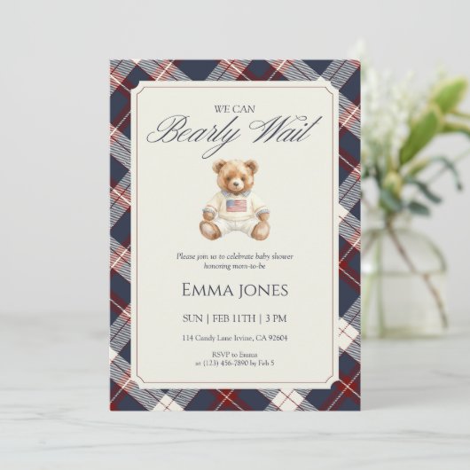 Invitation Navy Plaid Teddy Bear Baby Shower (Debout devant)