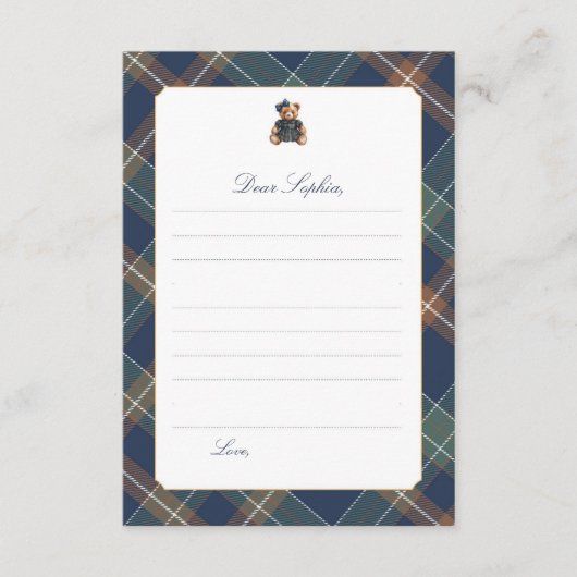 Invitation Navy Plaid Teddy Bear Girl Time Capsule Card (Devant)