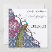 Invitation Navy & Raspberry Paon Damask Enregistrer la Date (Devant)