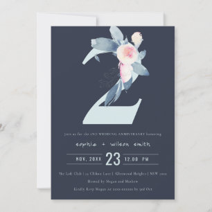 INVITATION NAVY ROSE BLEU FLORAL 2ÈME ANNIVERSAIRE TOUTE ANNÉ