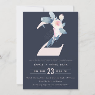 INVITATION NAVY ROSE BLEU FLORAL 2ÈME ANNIVERSAIRE TOUTE ANNÉ