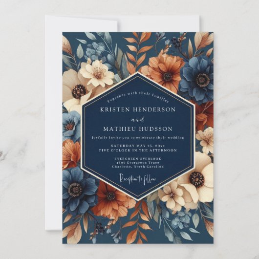 Invitation Navy Rust Artistic Flora Wedding (Devant)