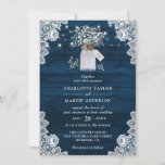 Invitation Navy Rustic Wood Mason Jar Baby's Breath Wedding<br><div class="desc">Custom navy blue rustic baby's breath wedding invitations featuring baby's breath flowers inside a mason jar decorated with burlap hearts and a floral tag with initials and a barn wood background adorned with white floral lace and string lights. Easily personalize this baby's breath wedding invitation to complement your navy blue...</div>