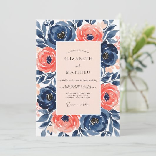 Invitation Navy Salmon Painterly Spring Wedding (Debout devant)